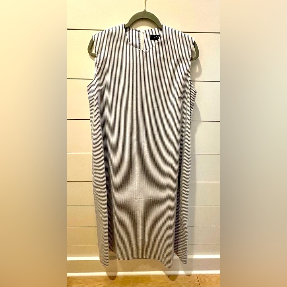 Caara blue and white striped sleeveless dress. Ankle length. Size small.